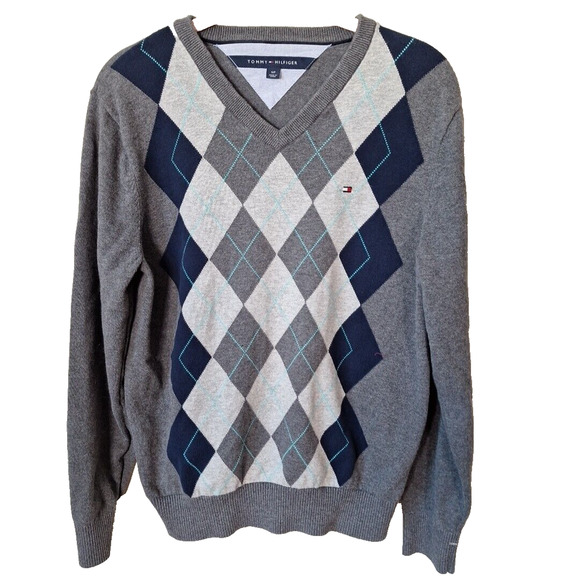 Tommy Hilfiger Preppy Gray Blue Argyle V Neck Sweater Women Size Small Cotton - Picture 4 of 7